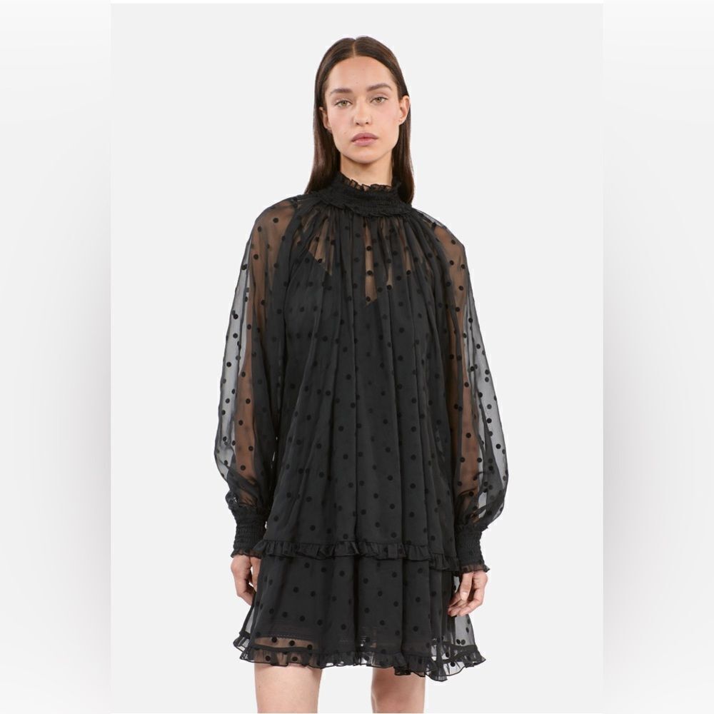 The Kooples sheer high neck ruffle black polka dot mini dress coquette girly NWT